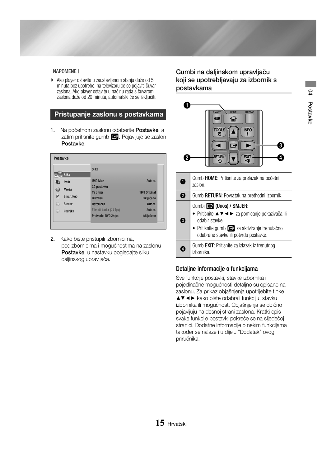 Samsung BD-H6500/EN manual Pristupanje zaslonu s postavkama, Gumbi v Unos / Smjer, Izbornika 