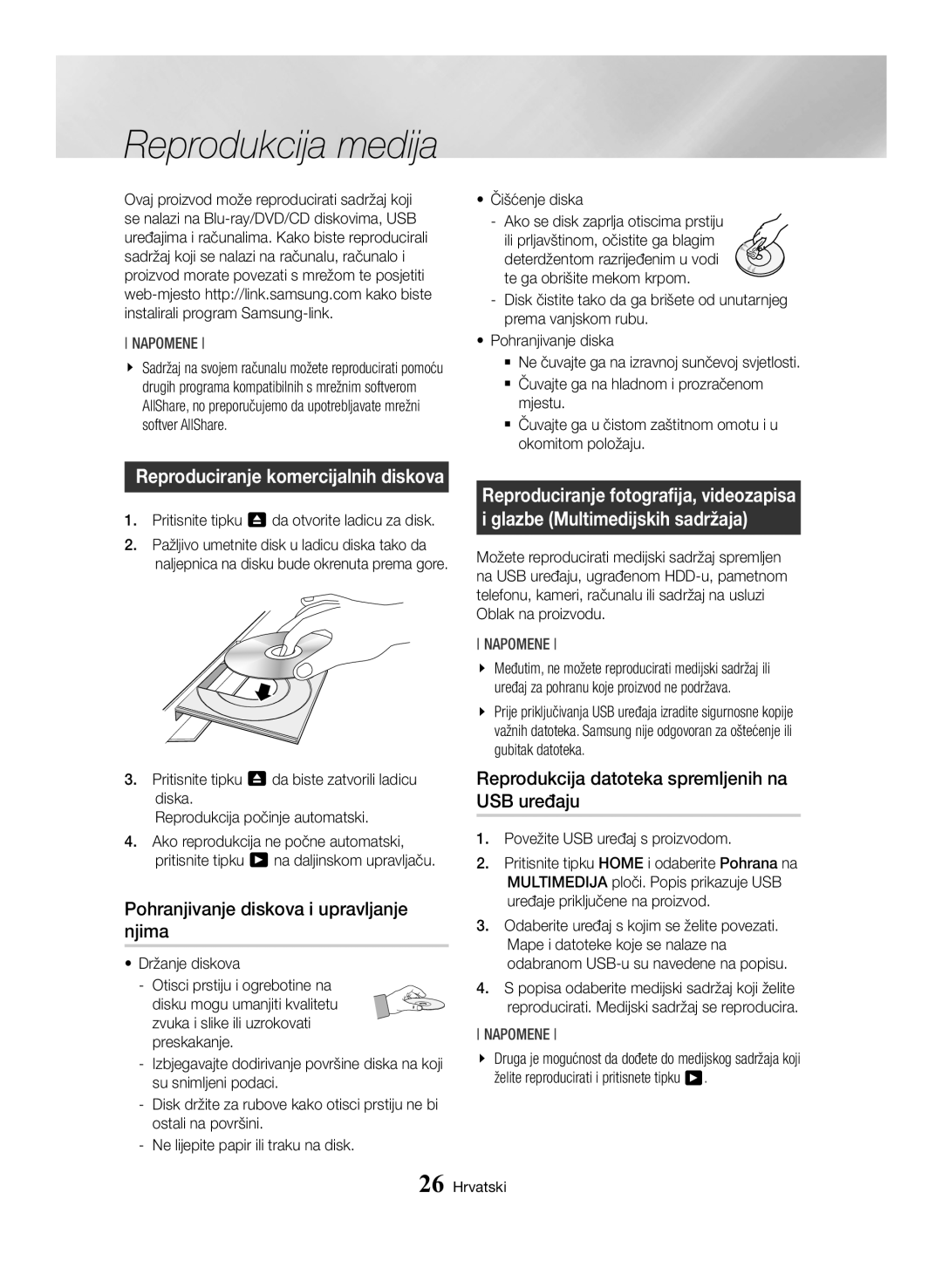 Samsung BD-H6500/EN manual Pohranjivanje diskova i upravljanje njima, Reprodukcija datoteka spremljenih na USB uređaju 