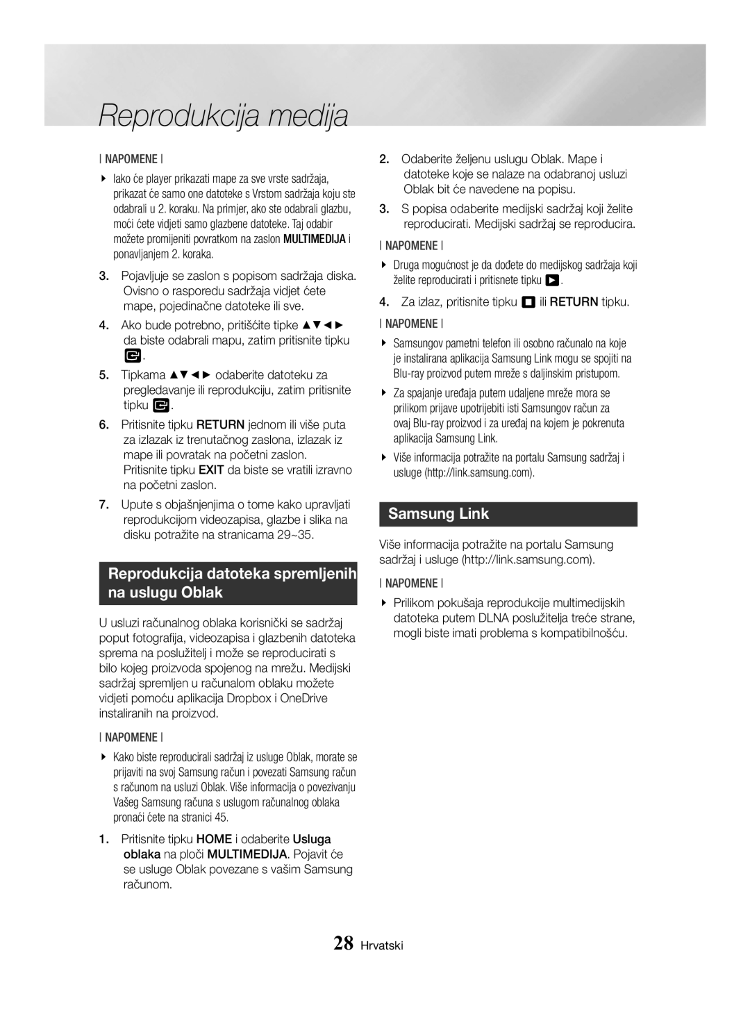 Samsung BD-H6500/EN manual Reprodukcija datoteka spremljenih na uslugu Oblak, Samsung Link 