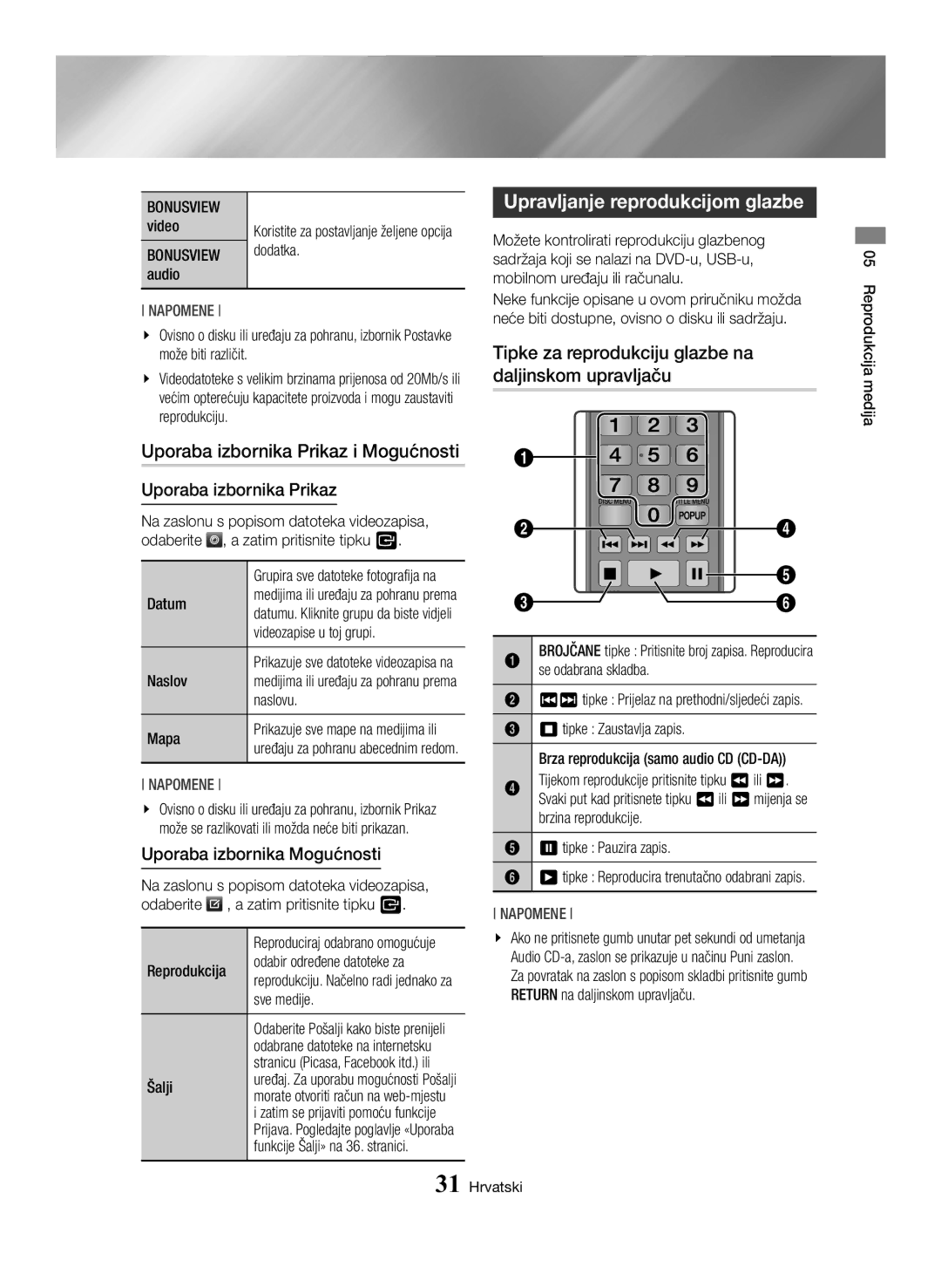 Samsung BD-H6500/EN Uporaba izbornika Prikaz i Mogućnosti, Upravljanje reprodukcijom glazbe, Uporaba izbornika Mogućnosti 