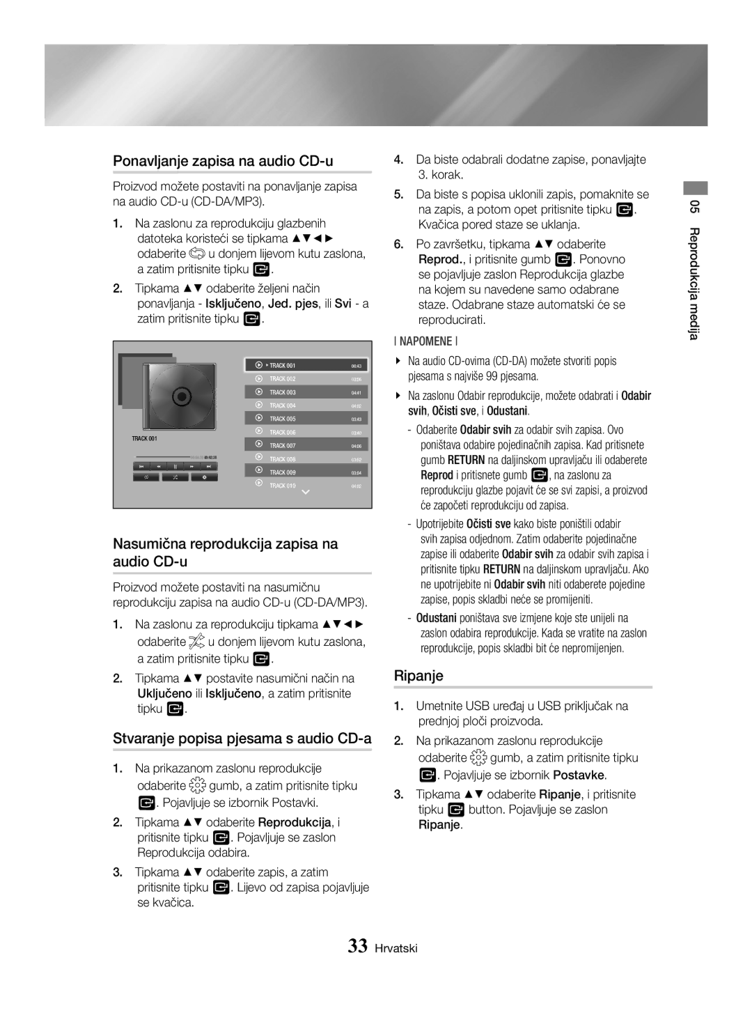 Samsung BD-H6500/EN manual Ponavljanje zapisa na audio CD-u, Nasumična reprodukcija zapisa na audio CD-u, Ripanje 