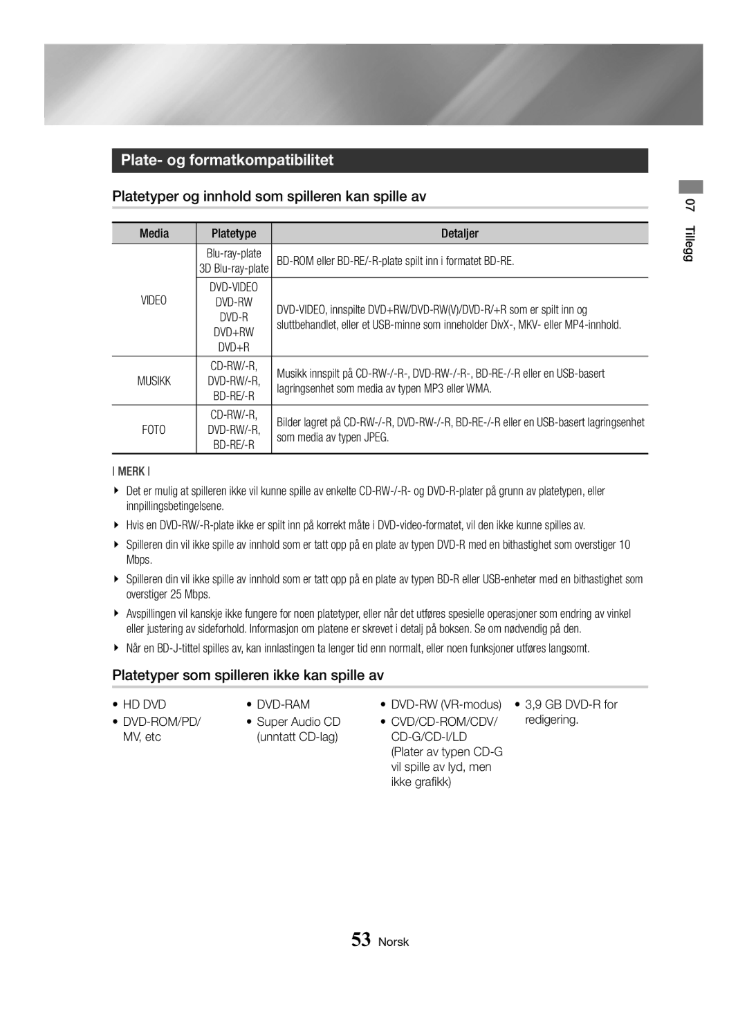 Samsung BD-H6500/XE manual Plate- og formatkompatibilitet, Platetyper og innhold som spilleren kan spille av 