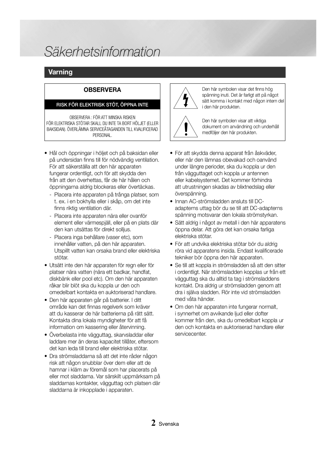 Samsung BD-H6500/XE manual Säkerhetsinformation, Varning 