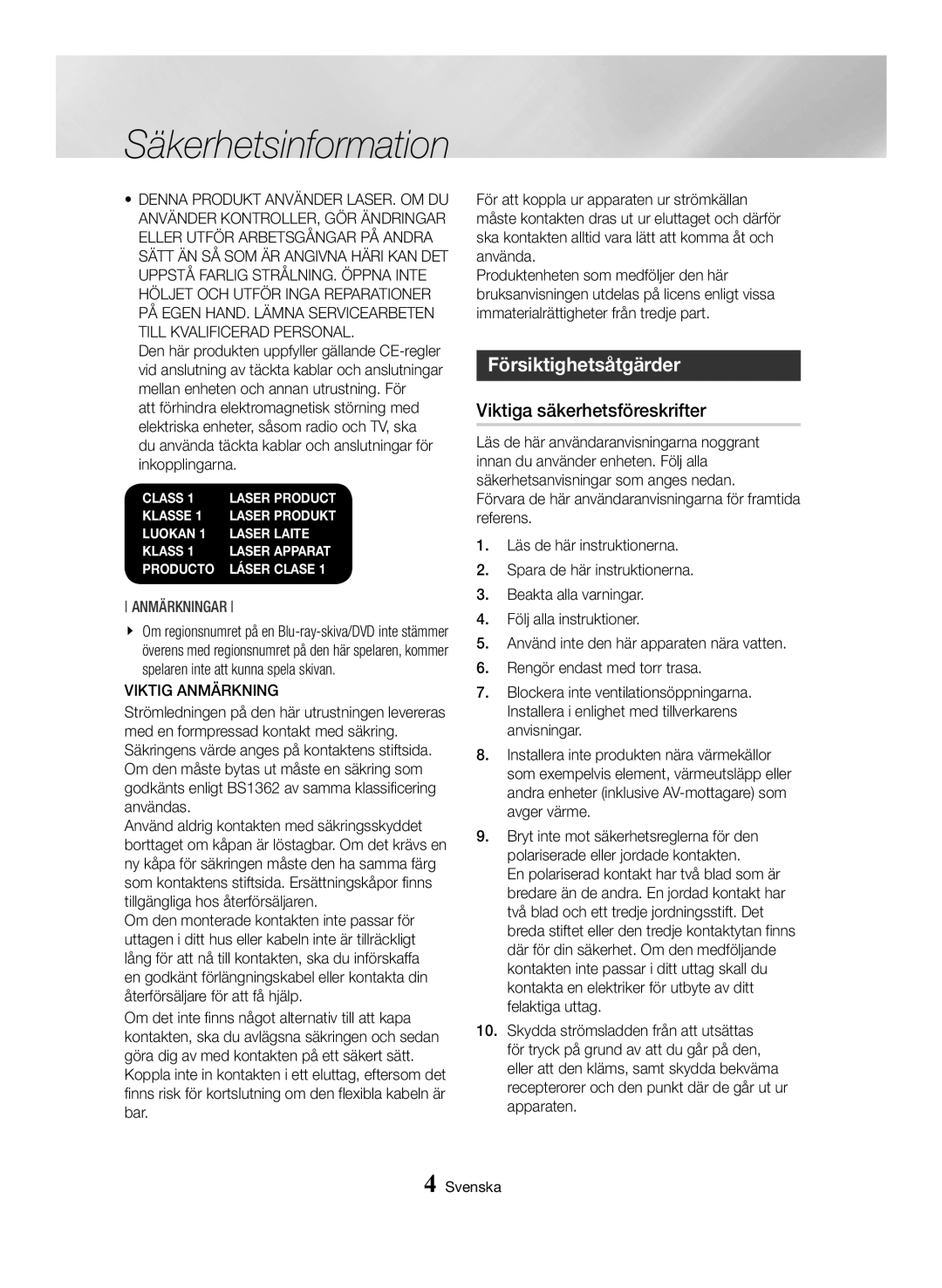 Samsung BD-H6500/XE manual Försiktighetsåtgärder, Viktiga säkerhetsföreskrifter, Viktig Anmärkning 