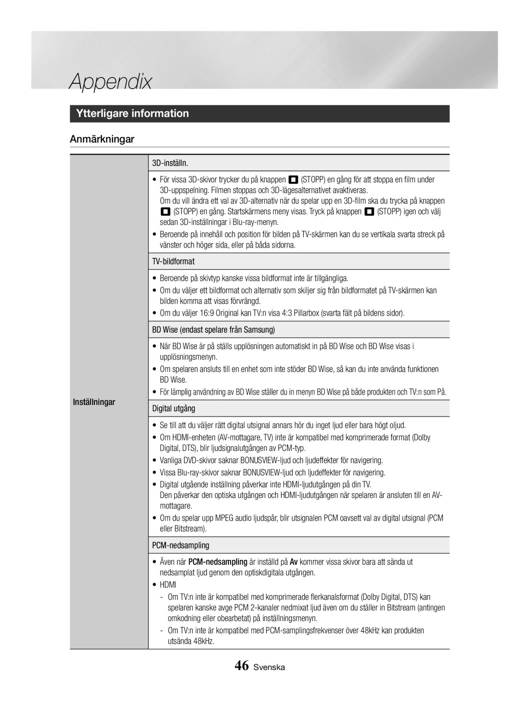 Samsung BD-H6500/XE manual Appendix, Ytterligare information, Anmärkningar, Inställningar 3D-inställn, Hdmi 