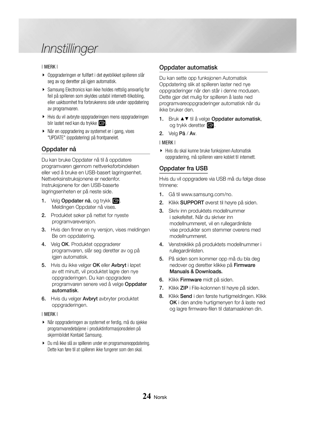 Samsung BD-H6500/XE manual Oppdater nå, Oppdater fra USB 