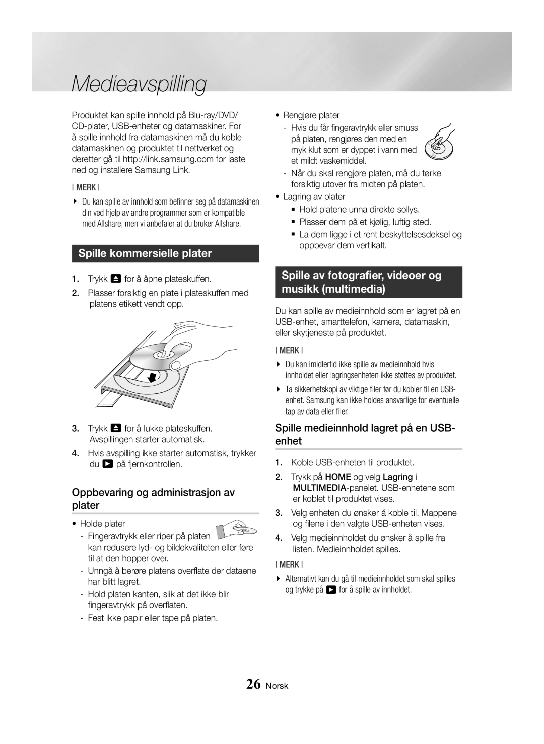 Samsung BD-H6500/XE manual Medieavspilling, Spille kommersielle plater, Oppbevaring og administrasjon av plater 