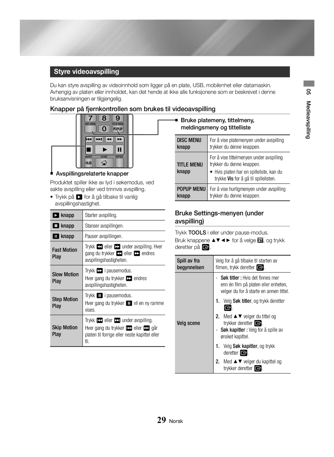 Samsung BD-H6500/XE manual Styre videoavspilling, Knapper på fjernkontrollen som brukes til videoavspilling, Disc Menu 