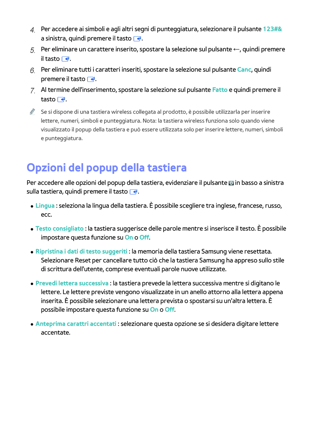 Samsung BD-H8500/ZF, BD-H8500/EN, BD-H8509S/ZG manual Opzioni del popup della tastiera 