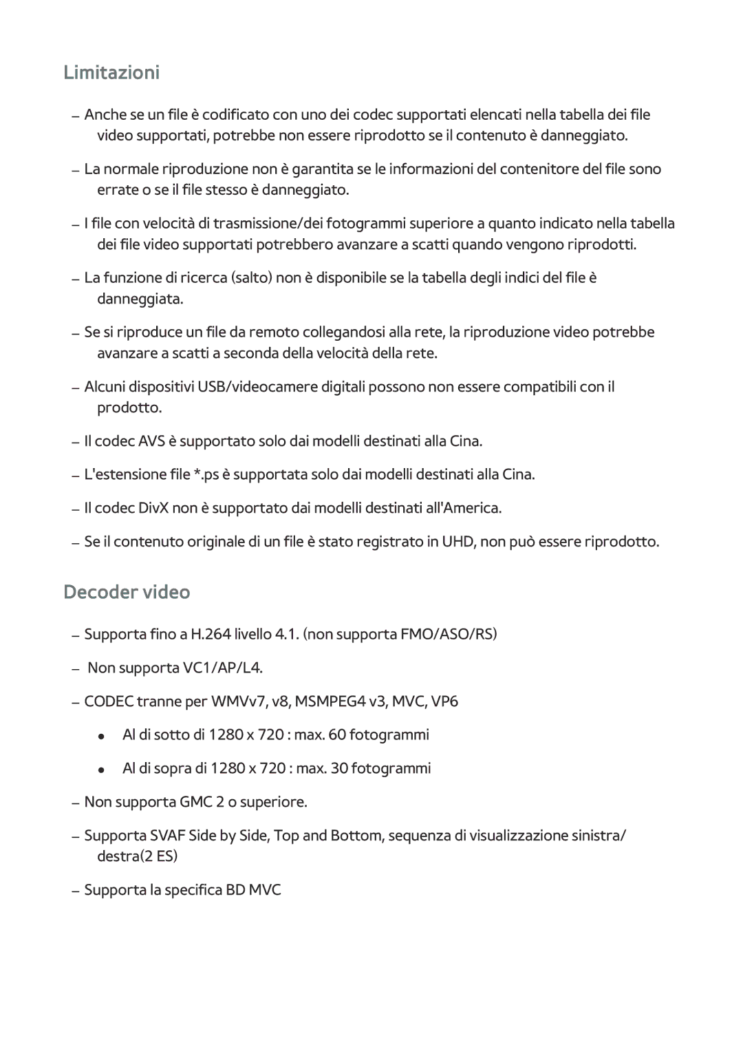 Samsung BD-H8509S/ZG, BD-H8500/EN, BD-H8500/ZF manual Limitazioni, Decoder video 