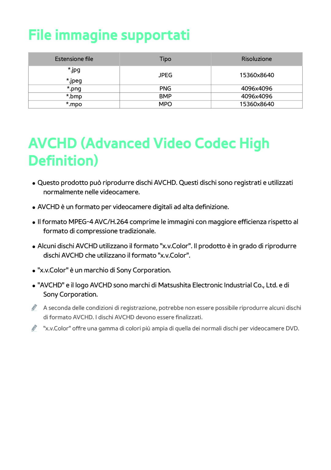 Samsung BD-H8509S/ZG, BD-H8500/EN, BD-H8500/ZF manual File immagine supportati, Avchd Advanced Video Codec High Definition 