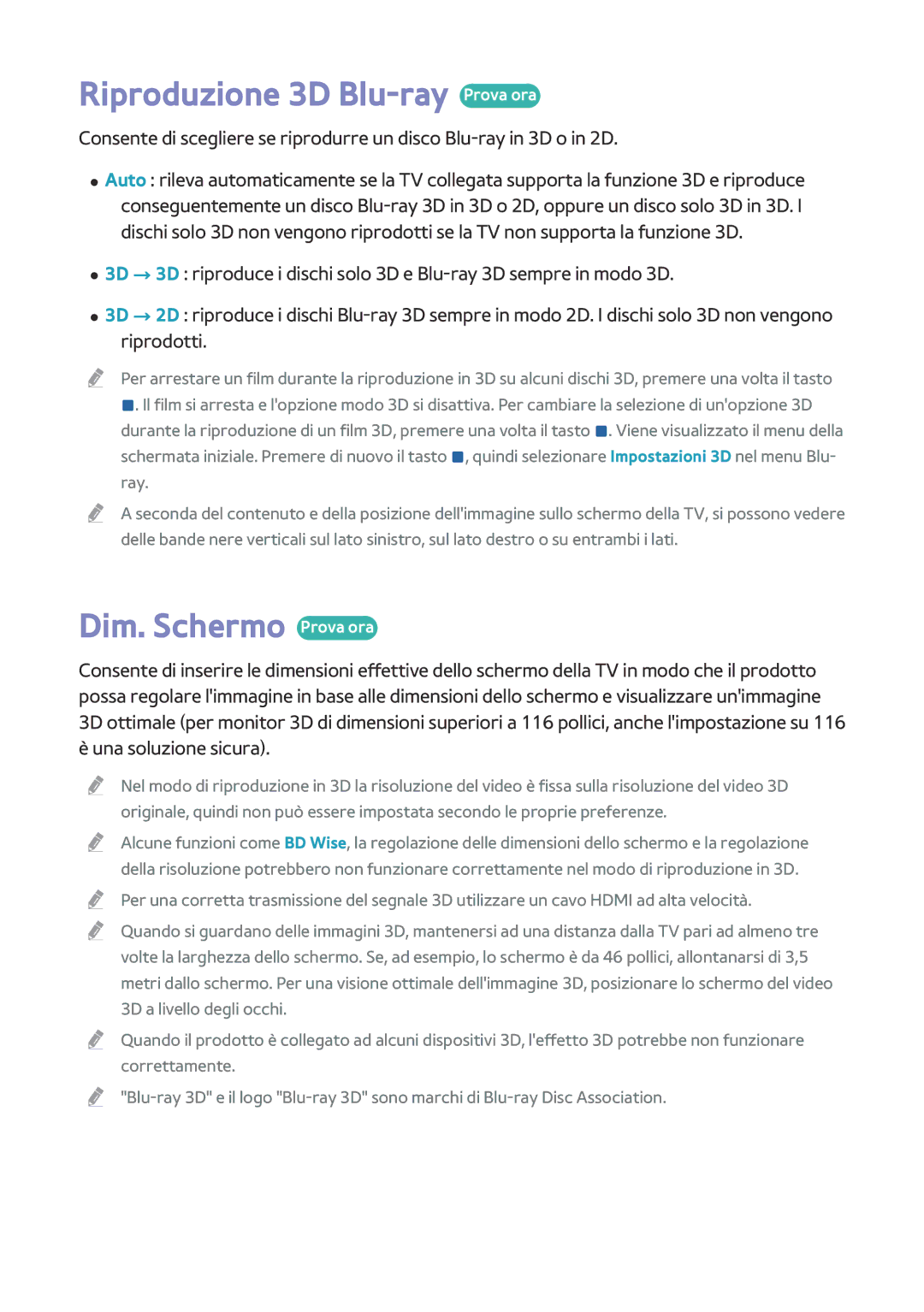 Samsung BD-H8509S/ZG, BD-H8500/EN, BD-H8500/ZF manual Riproduzione 3D Blu-ray Prova ora, Dim. Schermo Prova ora 