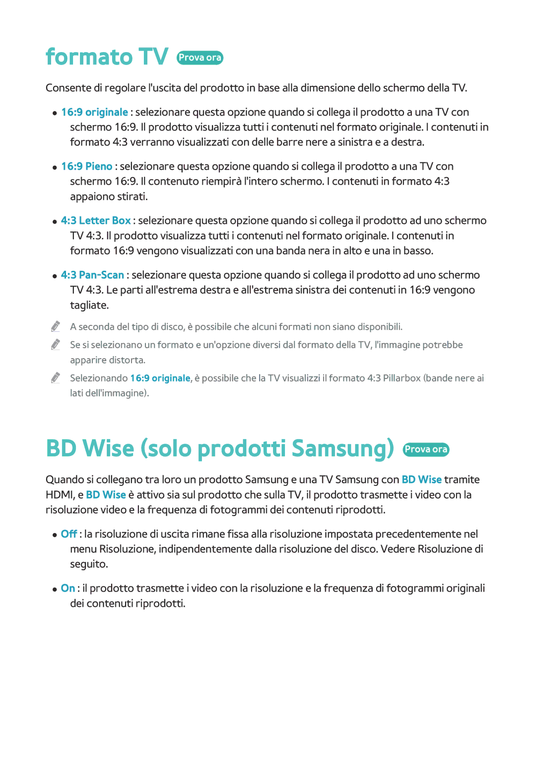 Samsung BD-H8500/ZF, BD-H8500/EN, BD-H8509S/ZG manual Formato TV Prova ora, BD Wise solo prodotti Samsung Prova ora 