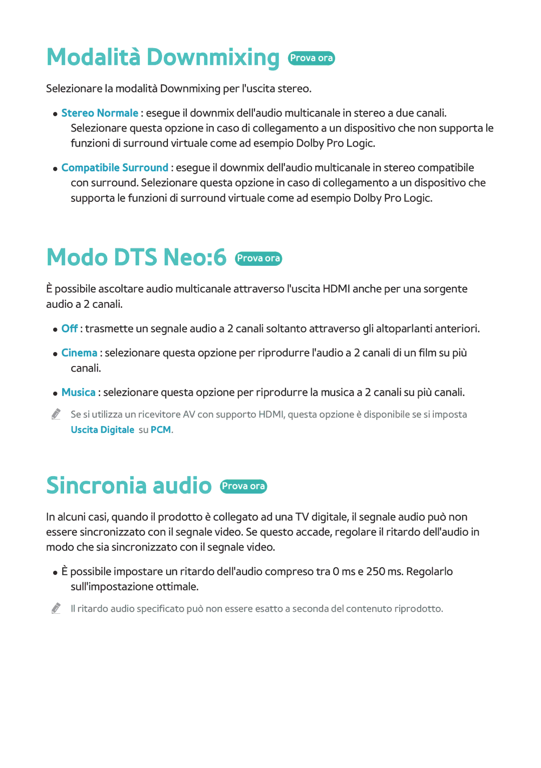 Samsung BD-H8500/ZF, BD-H8500/EN manual Modalità Downmixing Prova ora, Modo DTS Neo6 Prova ora, Sincronia audio Prova ora 