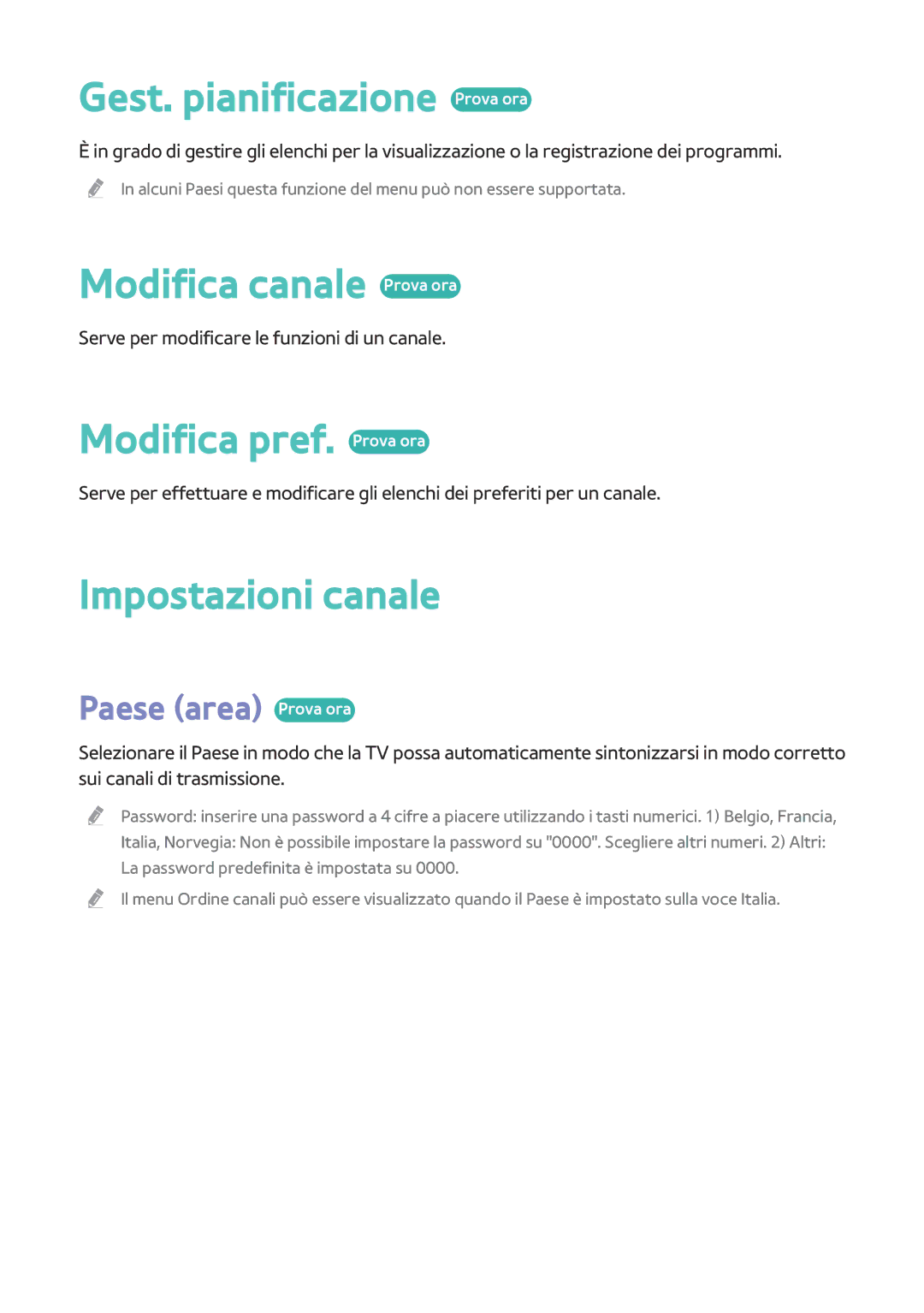 Samsung BD-H8500/EN, BD-H8509S/ZG manual Gest. pianificazione Prova ora, Modifica canale Prova ora, Modifica pref. Prova ora 