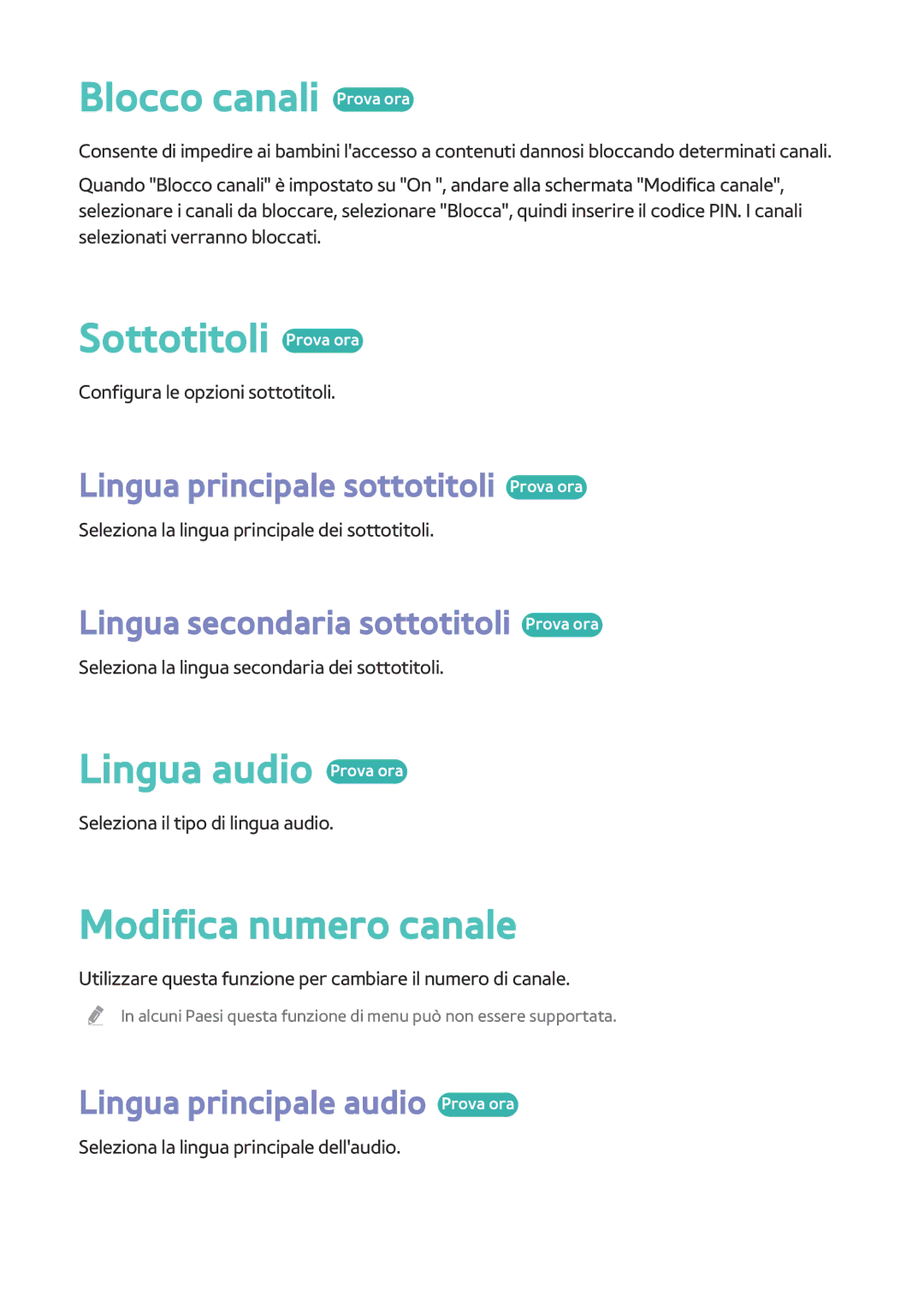 Samsung BD-H8500/ZF manual Blocco canali Prova ora, Sottotitoli Prova ora, Lingua audio Prova ora, Modifica numero canale 