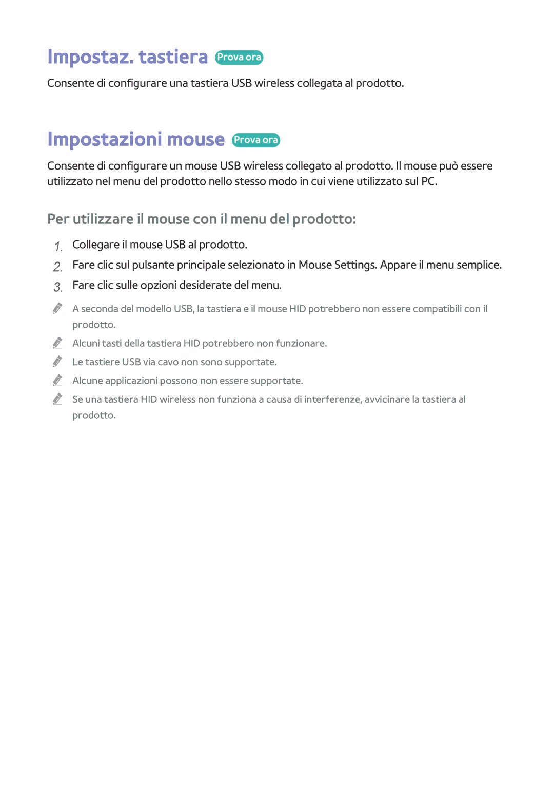 Samsung BD-H8500/EN, BD-H8509S/ZG, BD-H8500/ZF manual Impostaz. tastiera Prova ora, Impostazioni mouse Prova ora 