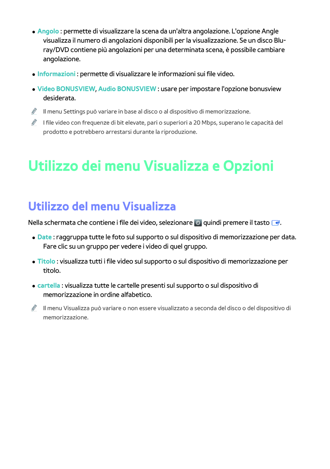 Samsung BD-H8500/ZF, BD-H8500/EN, BD-H8509S/ZG manual Utilizzo dei menu Visualizza e Opzioni, Utilizzo del menu Visualizza 