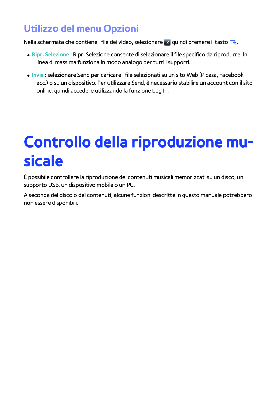 Samsung BD-H8500/EN, BD-H8509S/ZG, BD-H8500/ZF manual Controllo della riproduzione mu- sicale, Utilizzo del menu Opzioni 