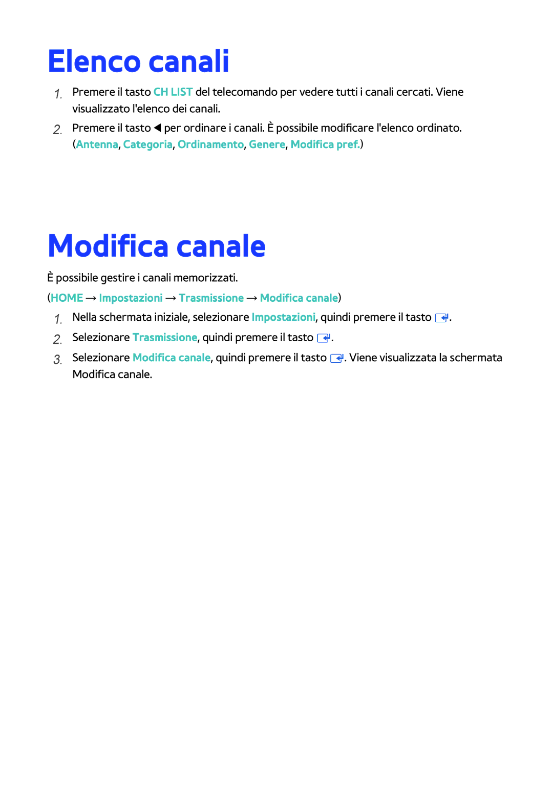 Samsung BD-H8500/ZF, BD-H8500/EN, BD-H8509S/ZG manual Elenco canali, Modifica canale, Possibile gestire i canali memorizzati 