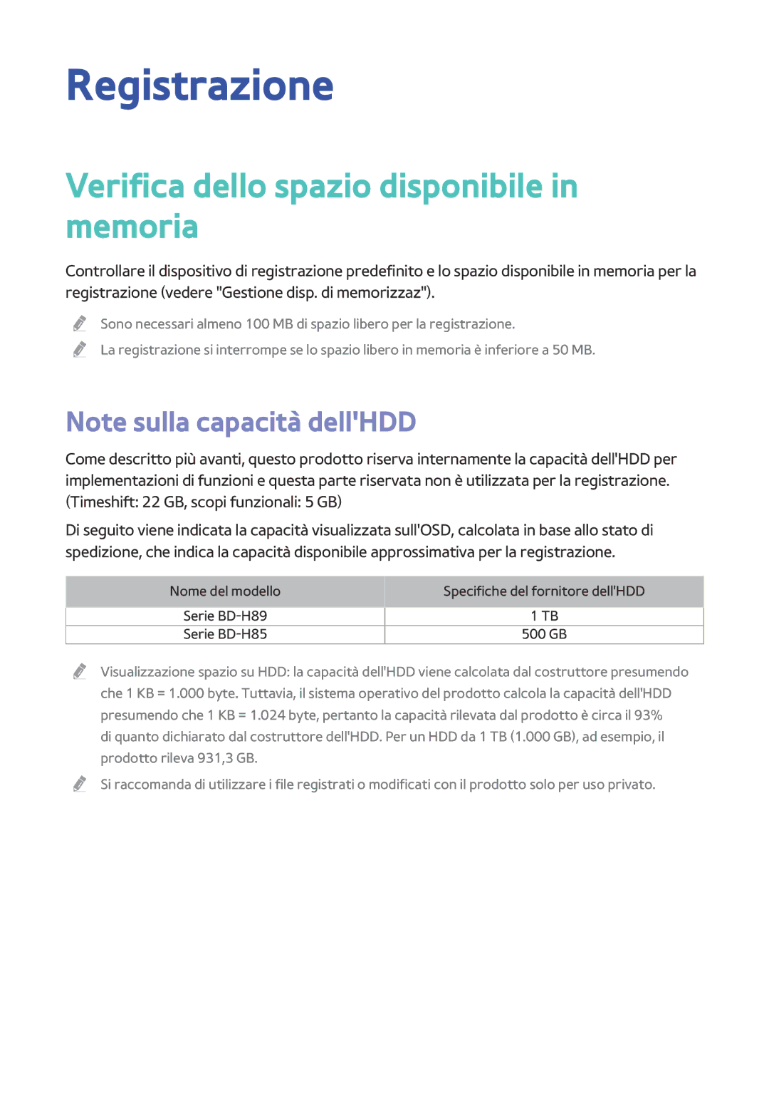 Samsung BD-H8509S/ZG, BD-H8500/EN, BD-H8500/ZF manual Registrazione, Verifica dello spazio disponibile in memoria 