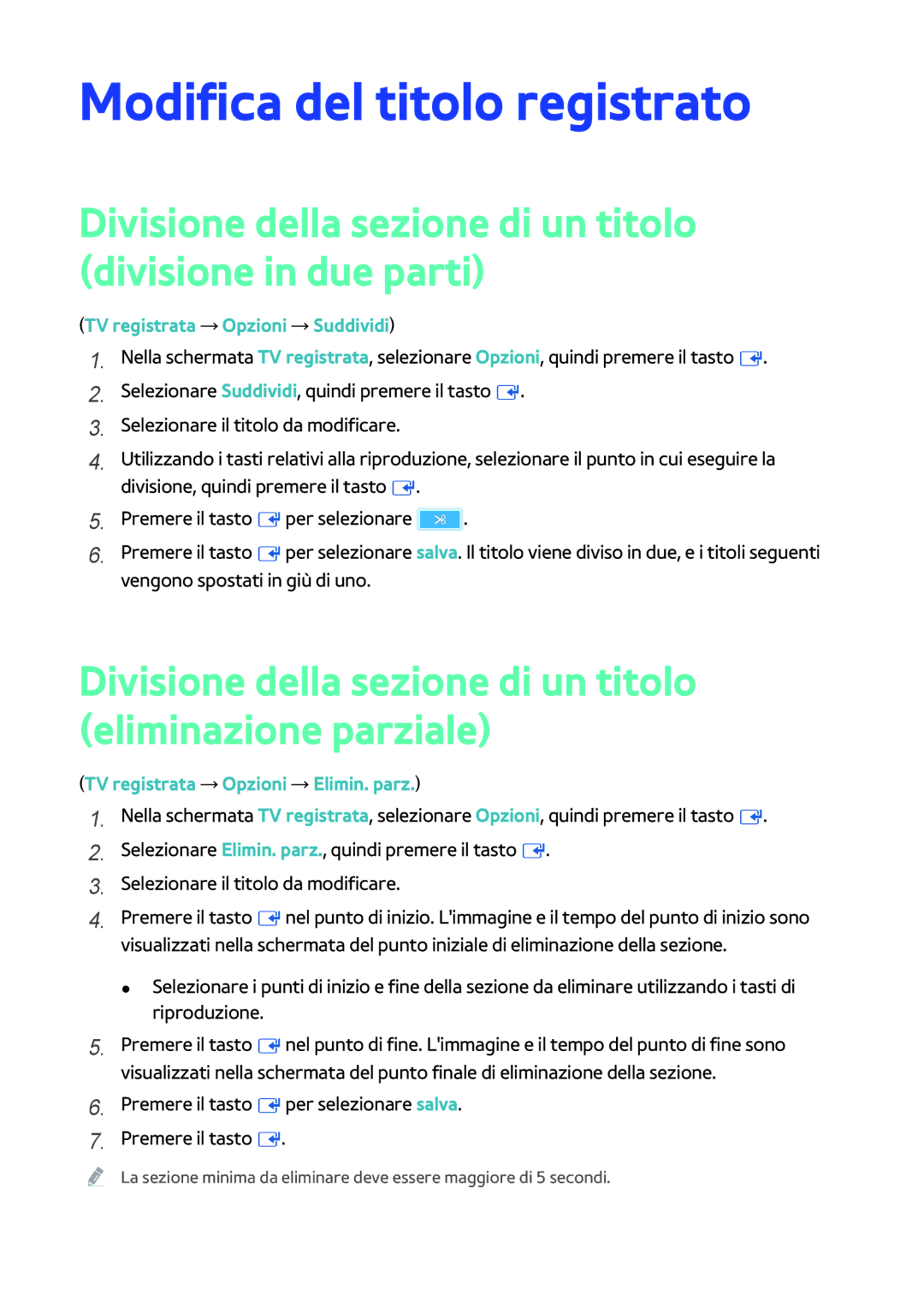 Samsung BD-H8500/EN manual Modifica del titolo registrato, Divisione della sezione di un titolo divisione in due parti 