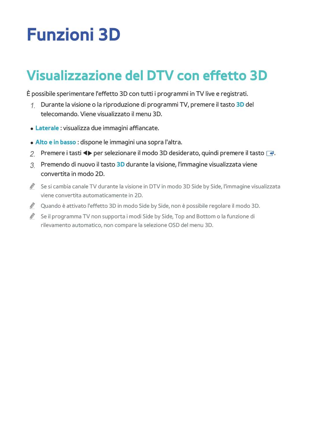 Samsung BD-H8500/ZF, BD-H8500/EN, BD-H8509S/ZG manual Funzioni 3D, Visualizzazione del DTV con effetto 3D 