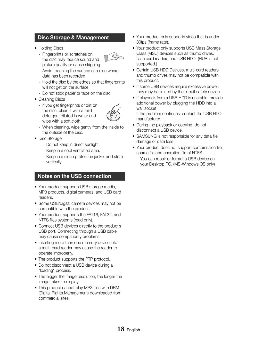 Samsung BD-H8500/EN, BD-H8900/EN, BD-H8900/ZF manual Disc Storage & Management, Holding Discs Fingerprints or scratches on 