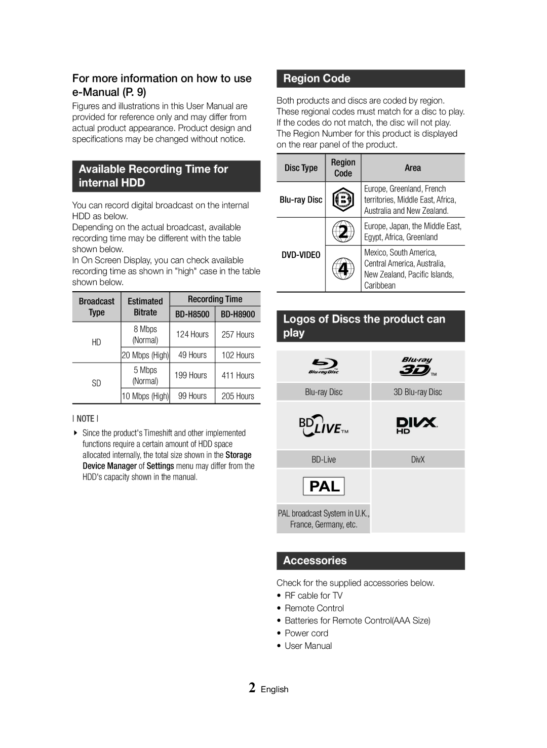 Samsung BD-H8900/ZF For more information on how to use e-Manual P, Available Recording Time for internal HDD, Region Code 