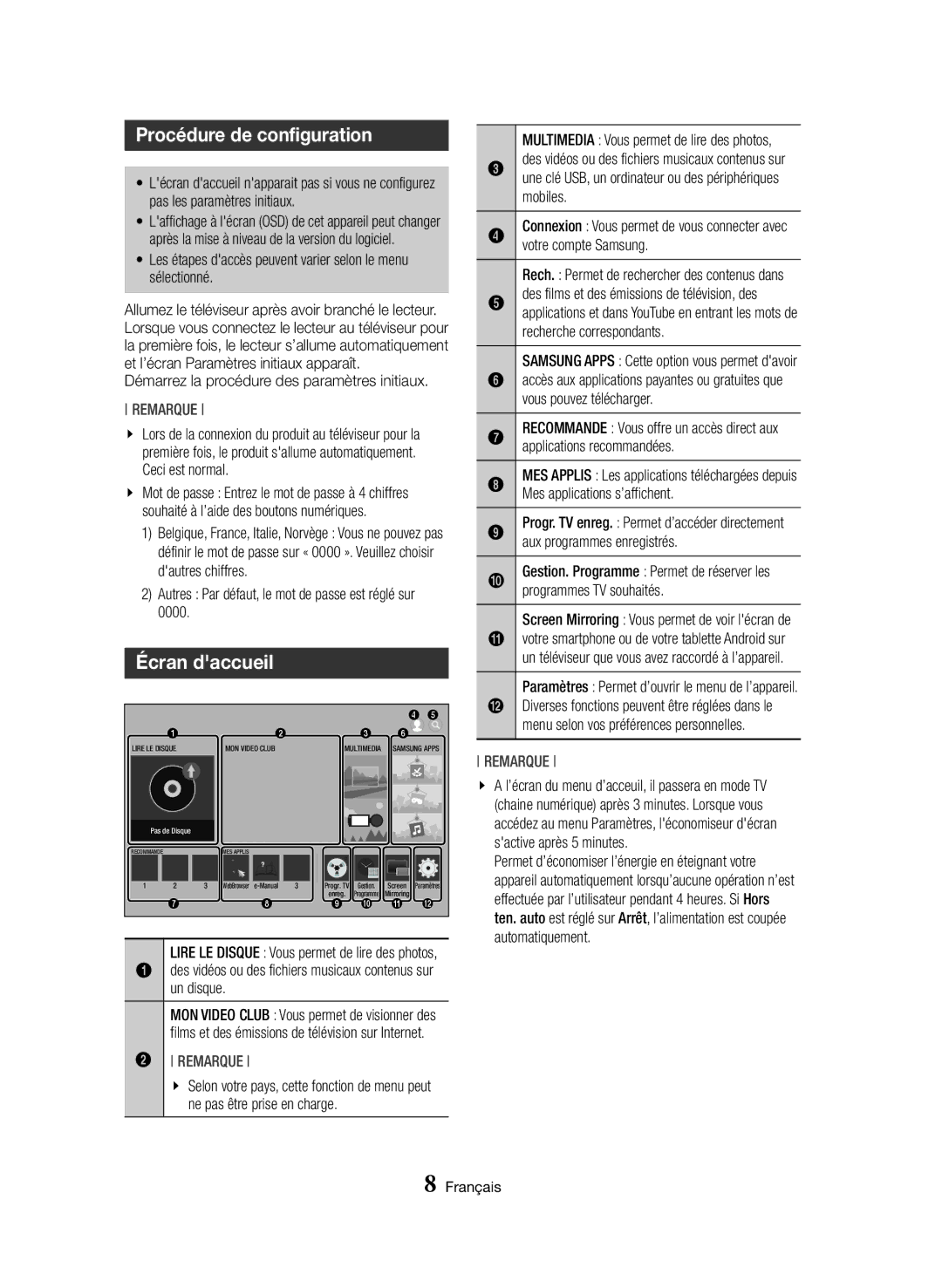 Samsung BD-H8900M/XU, BD-H8500/EN, BD-H8900/EN, BD-H8900/ZF, BD-H8500/ZF manual Procédure de configuration, Écran daccueil 