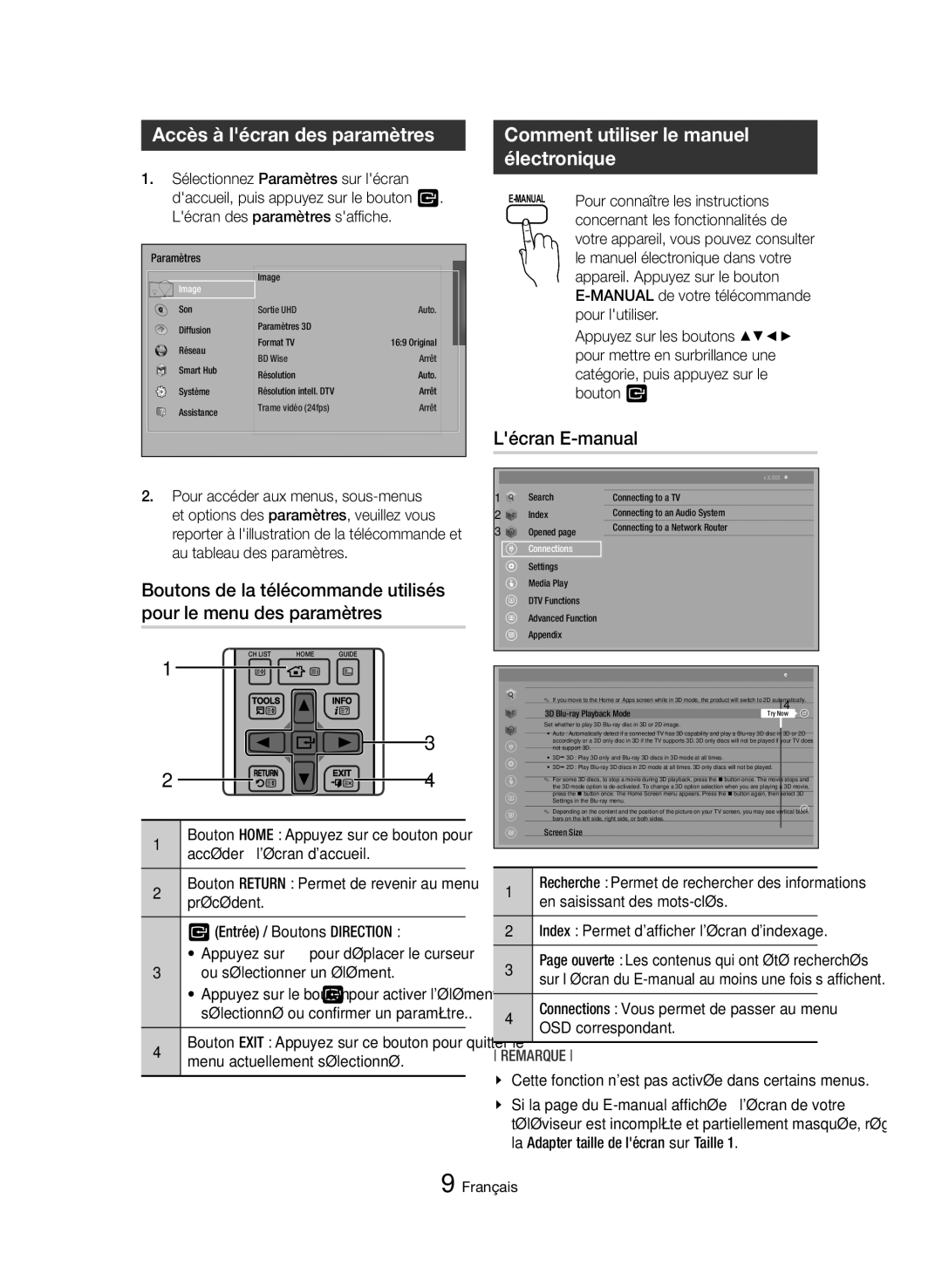 Samsung BD-H8500/EN, BD-H8900/EN Accès à lécran des paramètres, Comment utiliser le manuel électronique, Lécran E-manual 