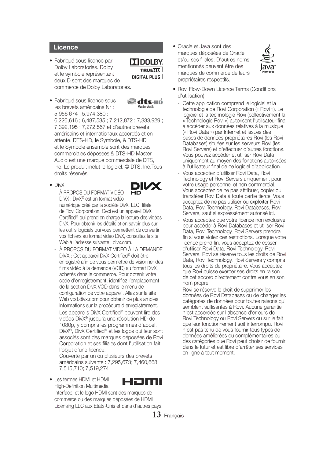 Samsung BD-H8500M/XU, BD-H8500/EN, BD-H8900/EN, BD-H8900/ZF, BD-H8500/ZF Rovi Flow-Down Licence Terms Conditions dutilisation 