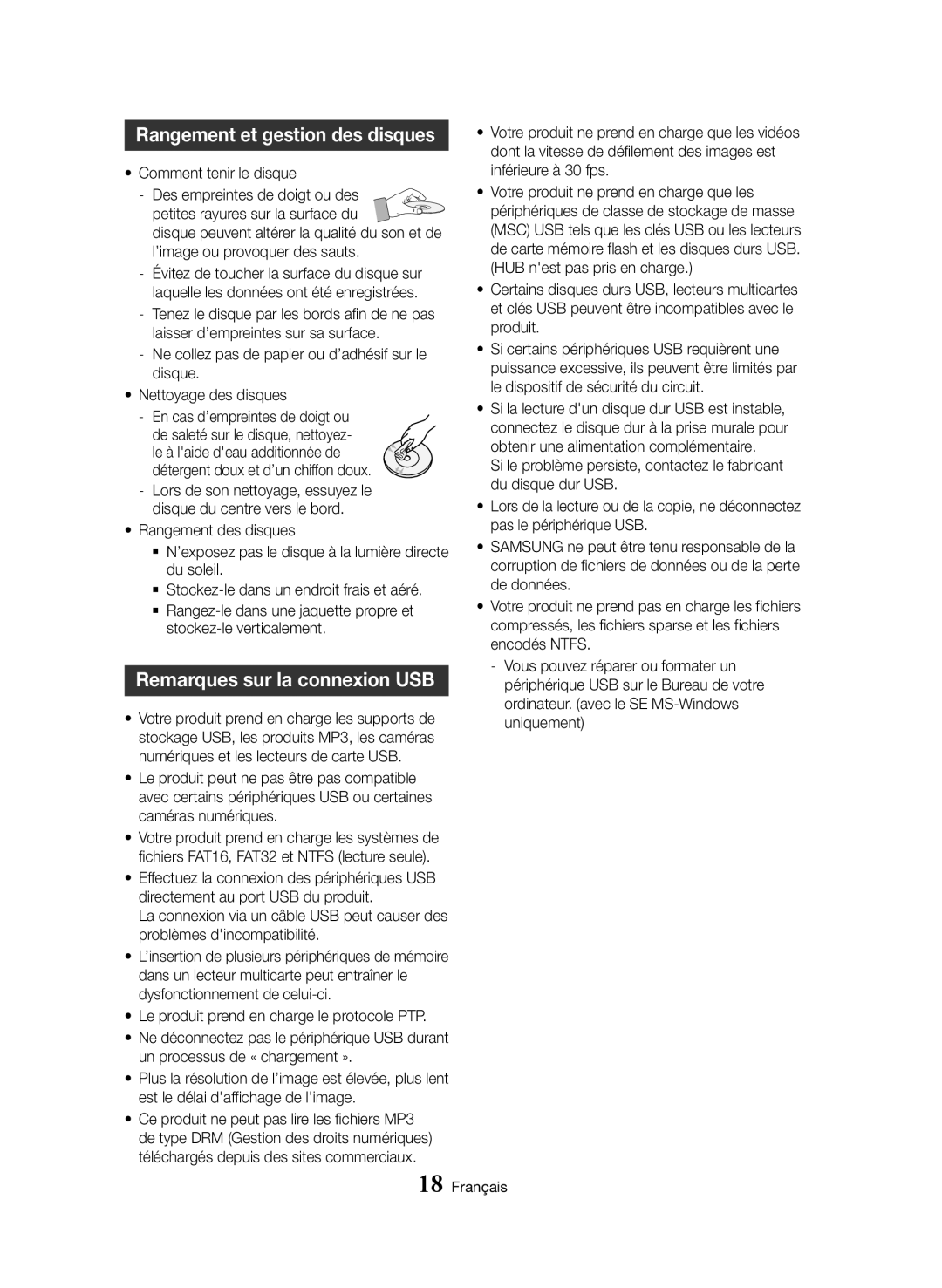 Samsung BD-H8500/ZF manual Rangement et gestion des disques, Remarques sur la connexion USB, Stockez-le verticalement 