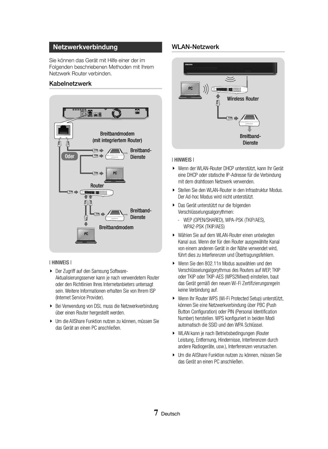 Samsung BD-H8900/ZF, BD-H8500/EN, BD-H8900/EN, BD-H8500/ZF, BD-H8500M/XU Netzwerkverbindung, Kabelnetzwerk, WLAN-Netzwerk 