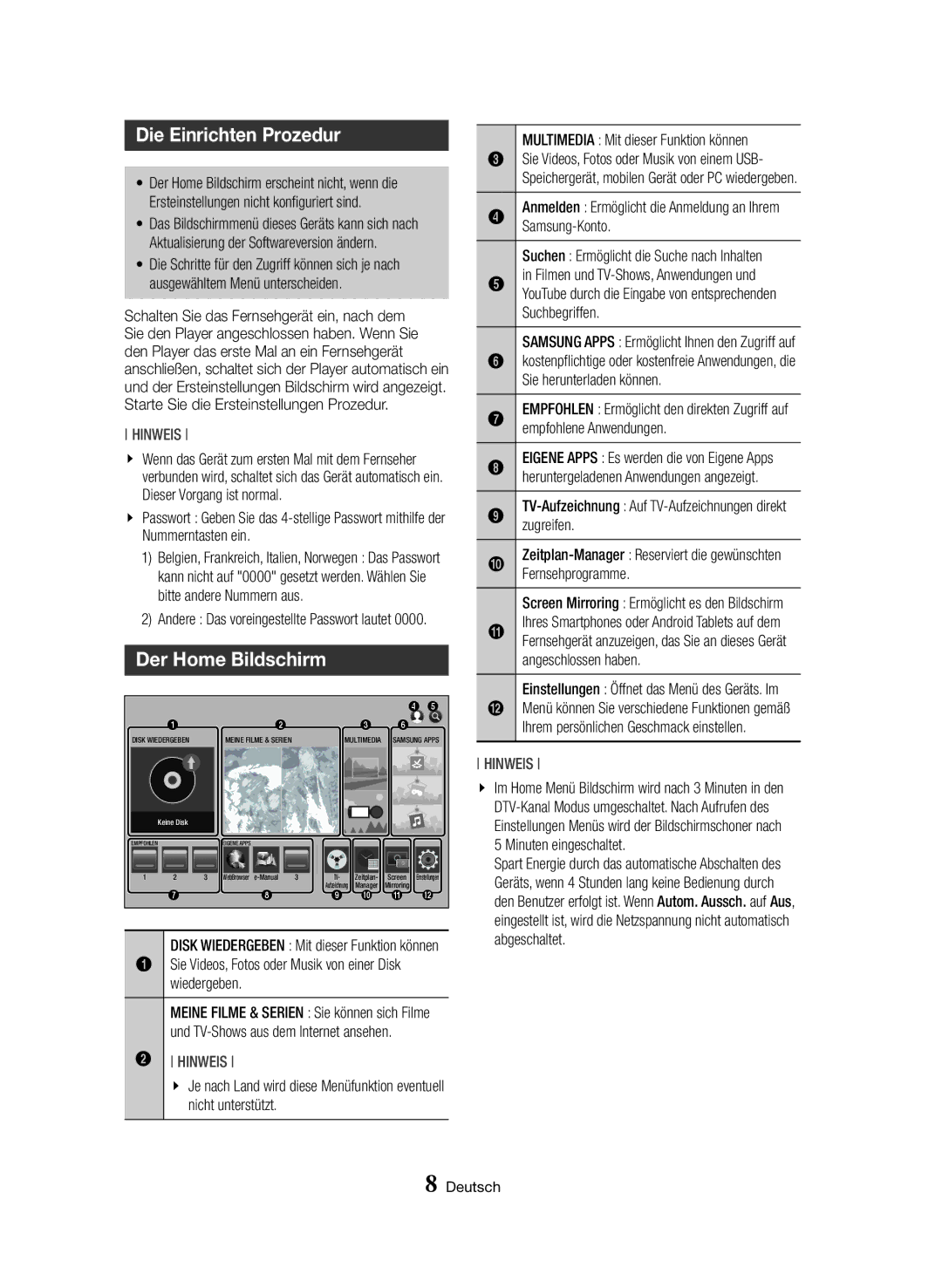 Samsung BD-H8500/ZF, BD-H8500/EN, BD-H8900/EN, BD-H8900/ZF, BD-H8500M/XU manual Die Einrichten Prozedur, Der Home Bildschirm 