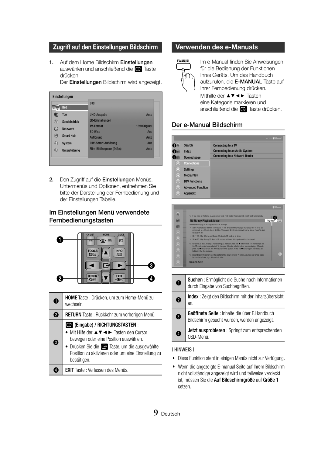 Samsung BD-H8500M/XU, BD-H8500/EN, BD-H8900/EN, BD-H8900/ZF, BD-H8500/ZF Verwenden des e-Manuals, Der e-Manual Bildschirm 