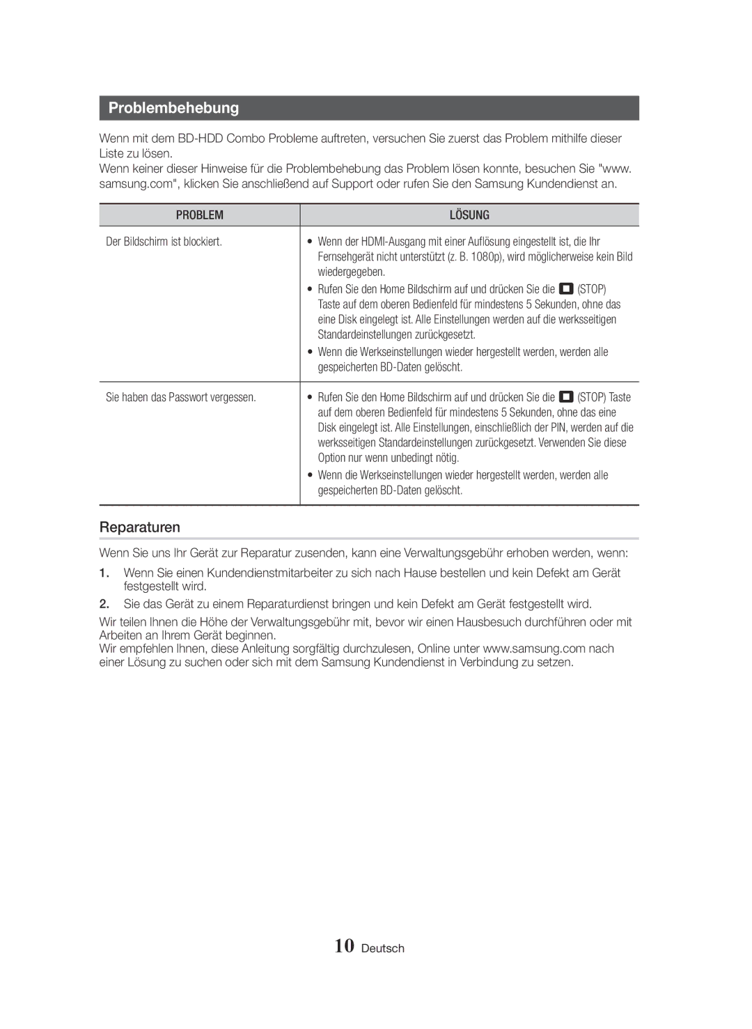 Samsung BD-H8900M/XU, BD-H8500/EN, BD-H8900/EN, BD-H8900/ZF, BD-H8500/ZF manual Problembehebung, Reparaturen, Problem Lösung 