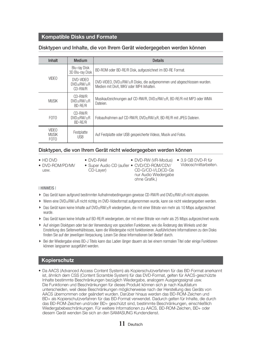 Samsung BD-H8500/EN, BD-H8900/EN, BD-H8900/ZF, BD-H8500/ZF, BD-H8500M/XU manual Kompatible Disks und Formate, Kopierschutz 