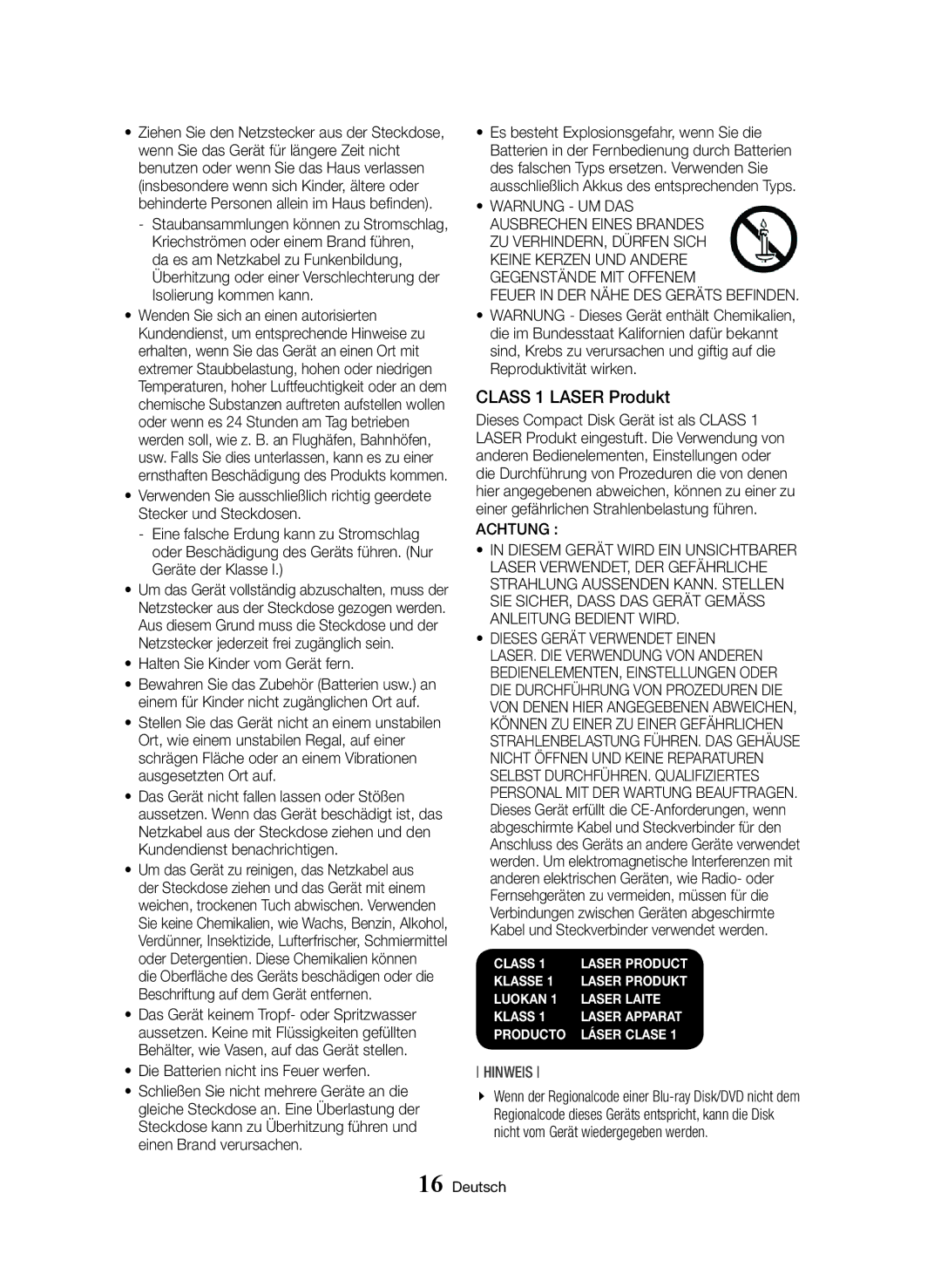 Samsung BD-H8900M/XU manual Class 1 Laser Produkt, Halten Sie Kinder vom Gerät fern, Die Batterien nicht ins Feuer werfen 