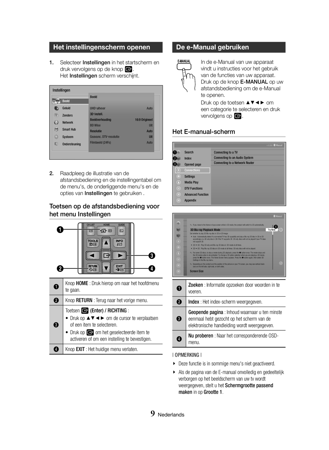 Samsung BD-H8900/ZF, BD-H8500/EN, BD-H8900/EN Het instellingenscherm openen, De e-Manual gebruiken, Het E-manual-scherm 