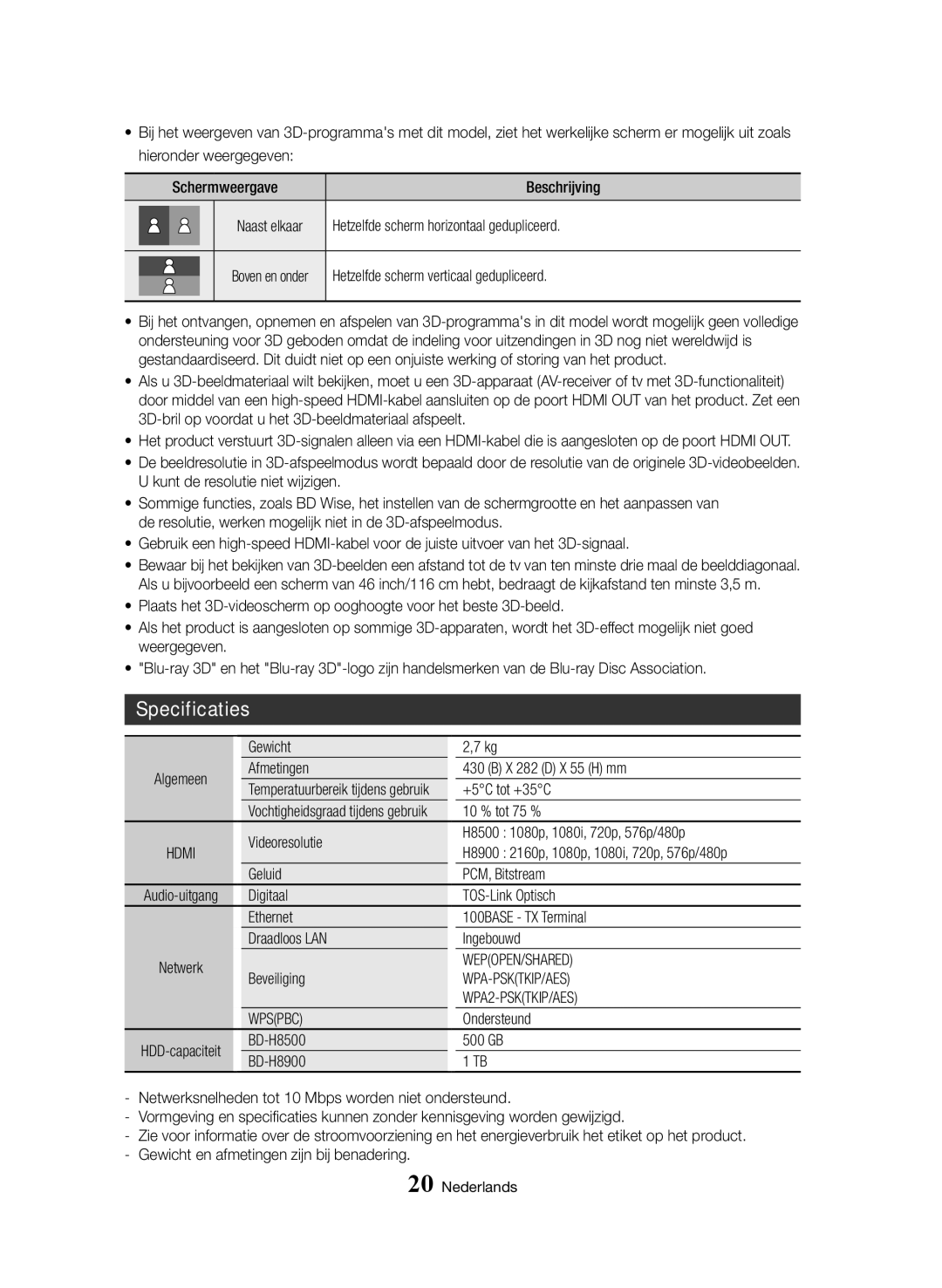 Samsung BD-H8900/EN, BD-H8500/EN, BD-H8900/ZF, BD-H8500/ZF, BD-H8500M/XU, BD-H8900M/XU manual Specificaties 