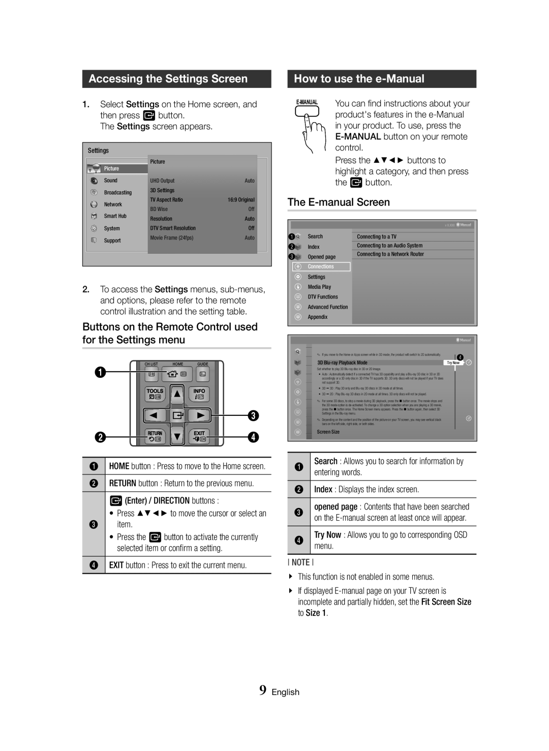 Samsung BD-H8500/ZF, BD-H8500/EN, BD-H8900/EN Accessing the Settings Screen, How to use the e-Manual, E-manual Screen 