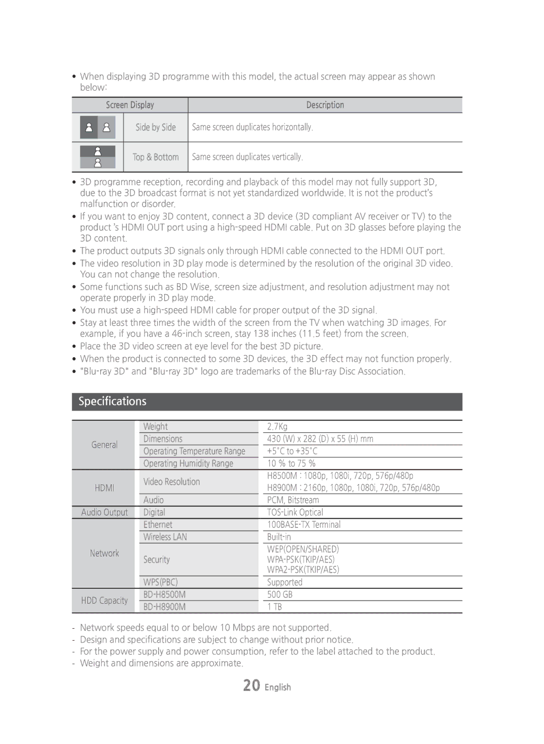 Samsung BD-H8900/ZF, BD-H8500/EN, BD-H8900/EN Specifications, Wepopen/Shared, Wpa-Psktkip/Aes, WPA2-PSKTKIP/AES, Wpspbc 