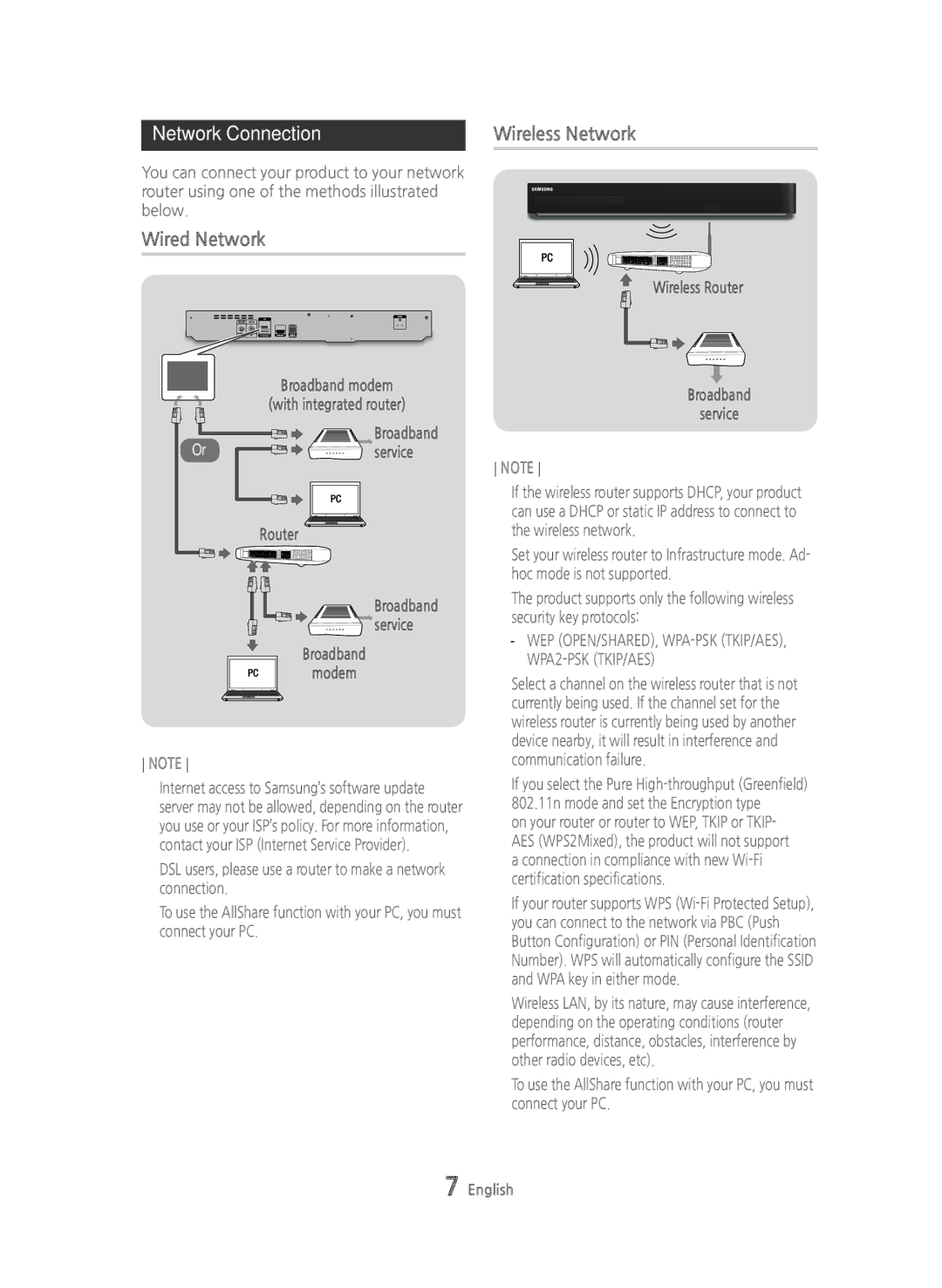 Samsung BD-H8900/EN, BD-H8500/EN, BD-H8900/ZF, BD-H8500/ZF, BD-H8500M/XU Network Connection Wireless Network, Wired Network 