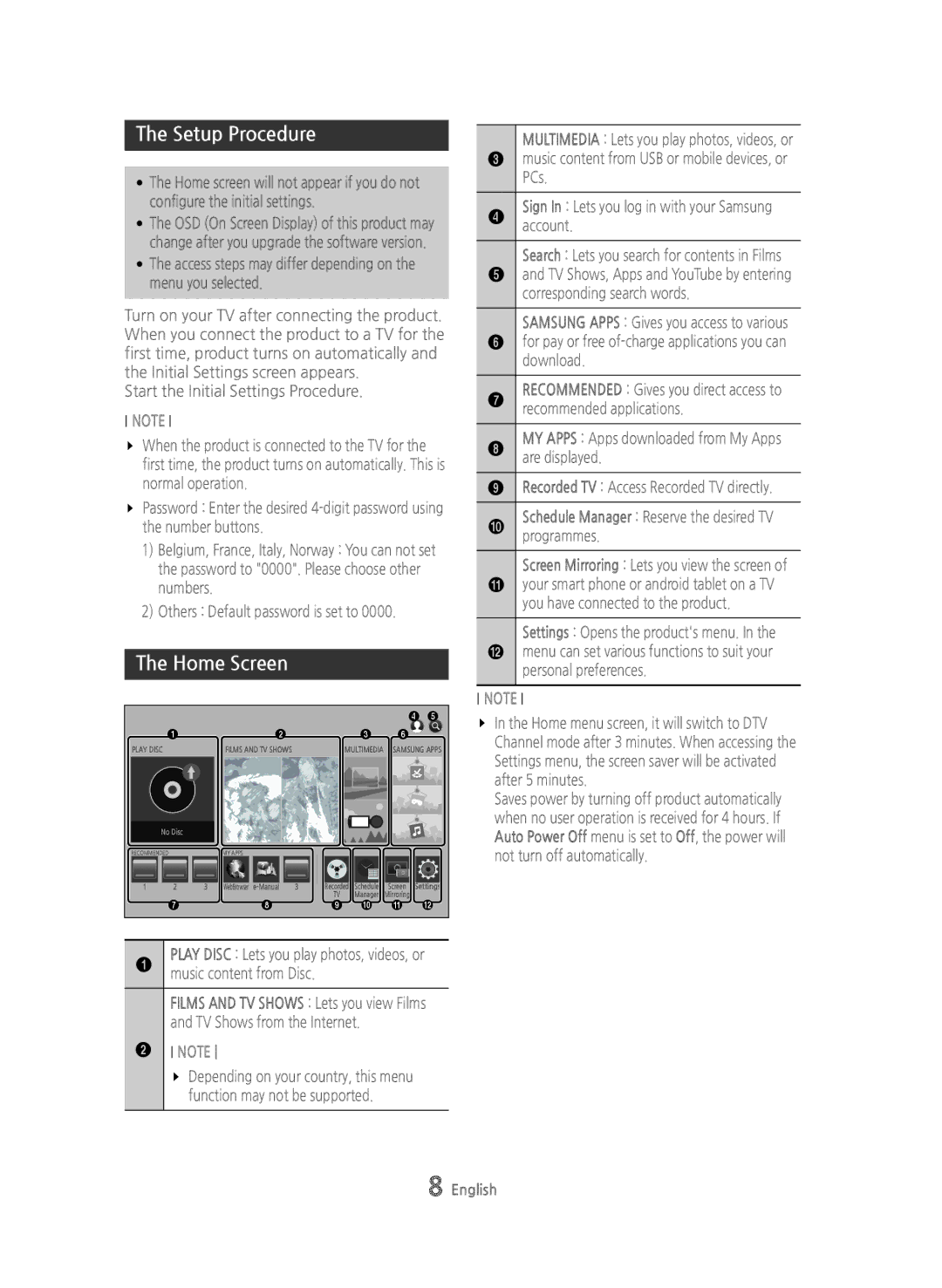 Samsung BD-H8900/ZF, BD-H8500/EN, BD-H8900/EN, BD-H8500/ZF Setup Procedure, Home Screen, Music content from Disc, Programmes 