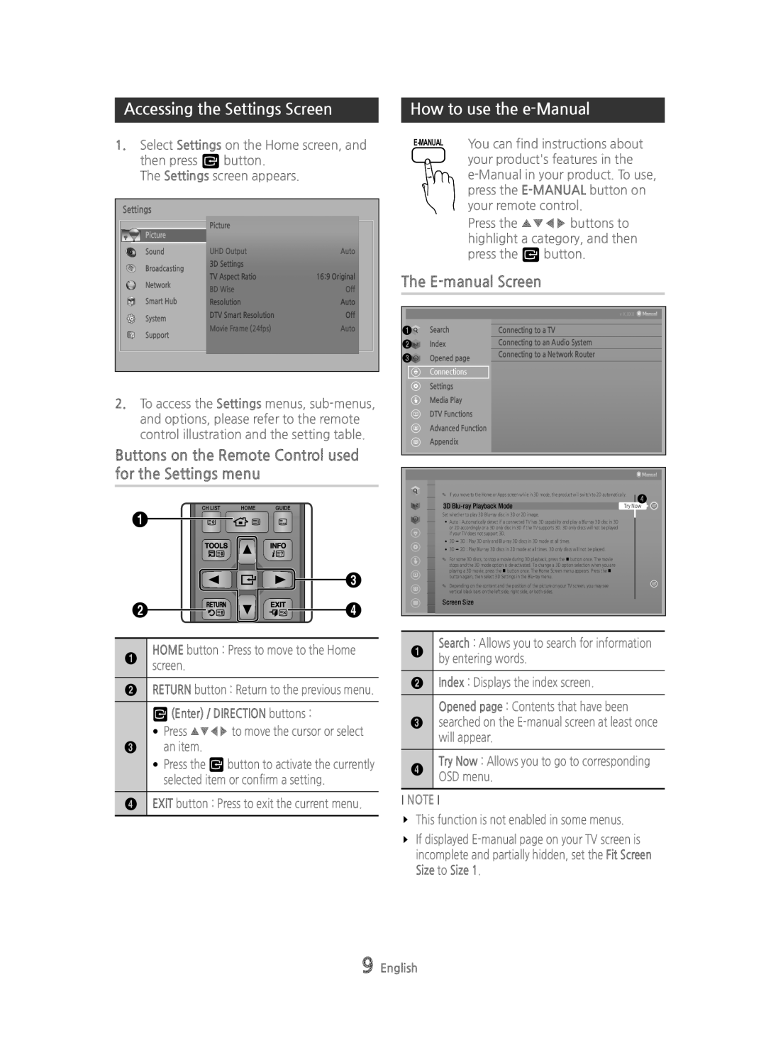 Samsung BD-H8500/ZF, BD-H8500/EN Accessing the Settings Screen, Buttons on the Remote Control used for the Settings menu 