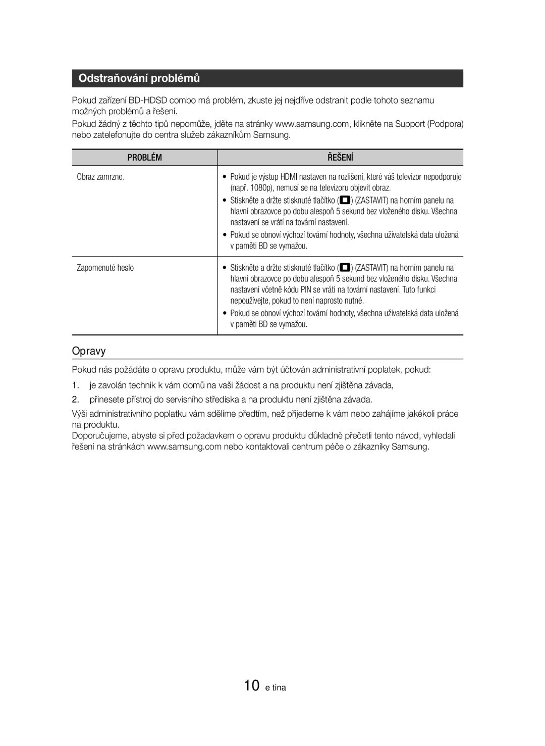 Samsung BD-H8500M/XU, BD-H8500/EN, BD-H8900/EN, BD-H8900/ZF, BD-H8500/ZF manual Odstraňování problémů, Opravy, Problém Řešení 