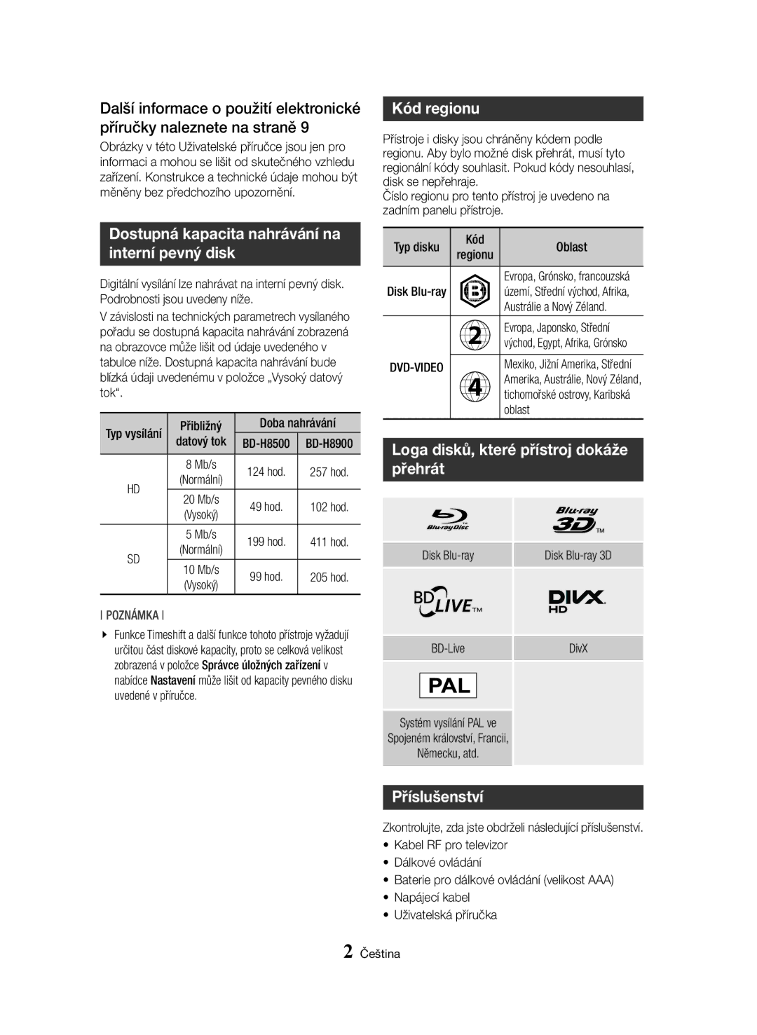 Samsung BD-H8900/ZF Kód regionu, Dostupná kapacita nahrávání na, Interní pevný disk, Loga disků, které přístroj dokáže 