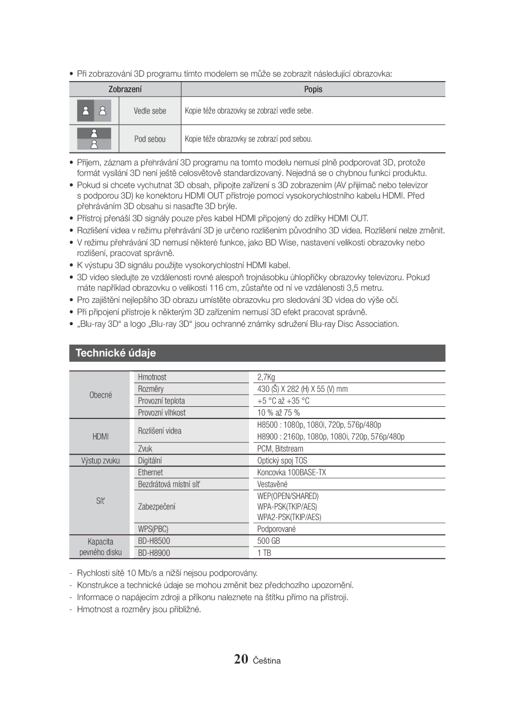 Samsung BD-H8900/ZF, BD-H8500/EN, BD-H8900/EN, BD-H8500/ZF, BD-H8500M/XU, BD-H8900M/XU manual Technické údaje 