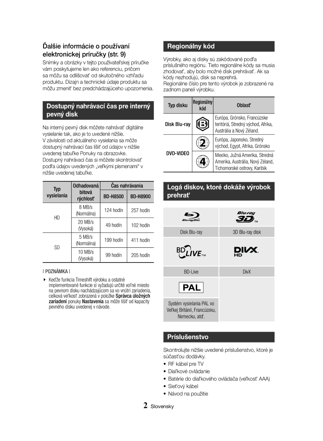 Samsung BD-H8900M/XU Ďalšie informácie o používaní elektronickej príručky str, Regionálny kód, Prehrať, Príslušenstvo 